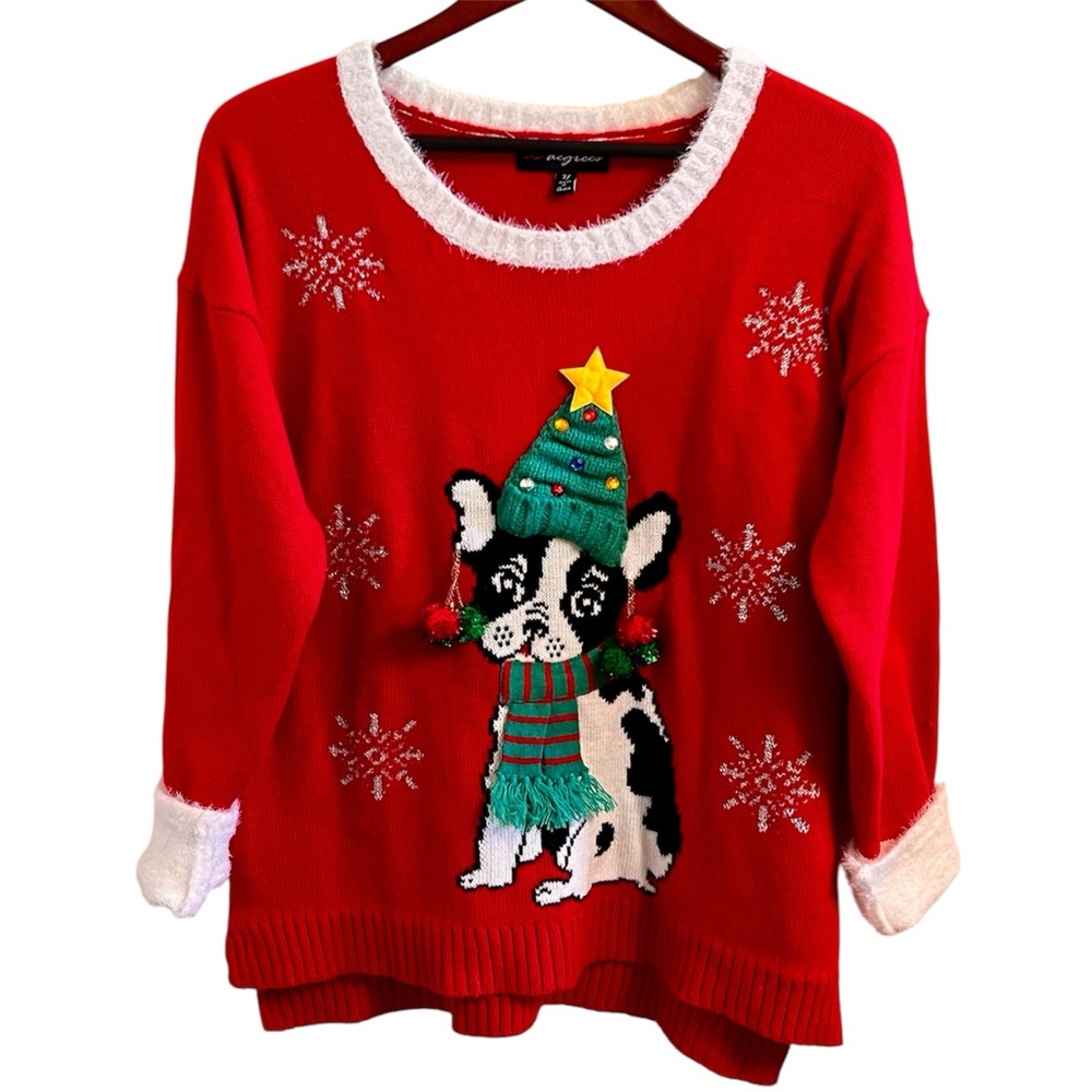 33 Degrees Festive Christmas Red Dog Sweater Snowflakes 3D Earrings Hat Scarf XL